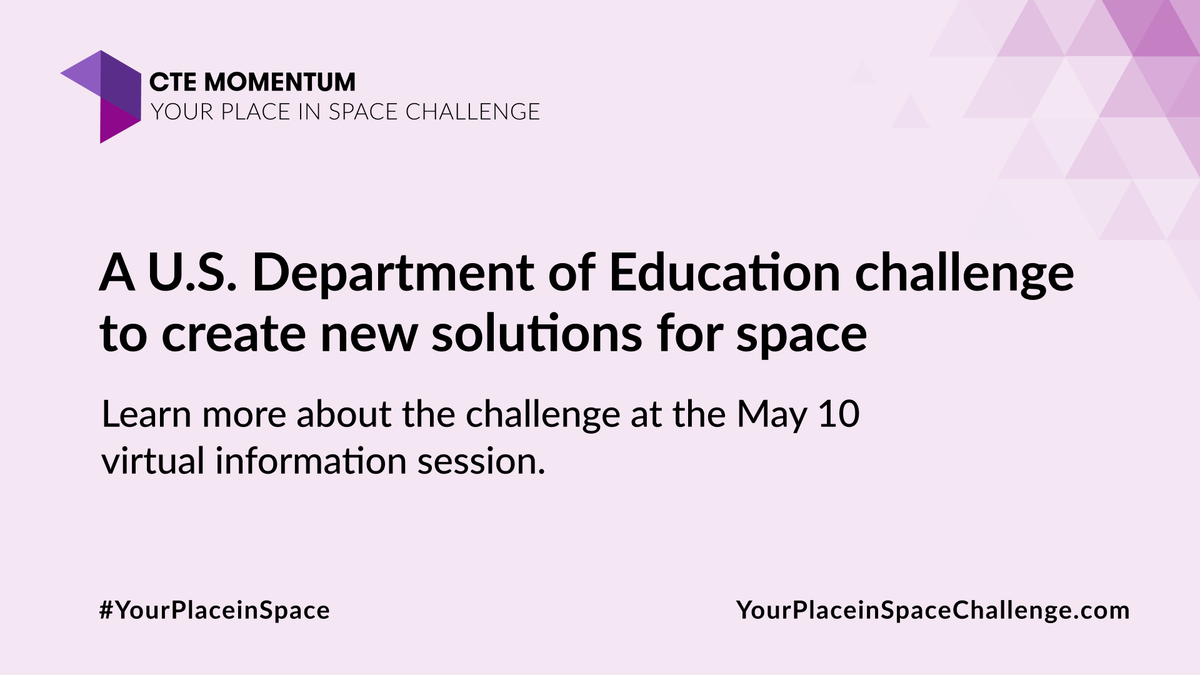 Don’t forget to register for the #YourPlaceinSpace Challenge virtual info session, this Wednesday 5/10 at 2 p.m. ET. Join <a href="/usedgov/">U.S. Department of Education</a> and <a href="/NASA/">NASA</a> to learn how you can inspire #highschool #CTE students to envision and pursue #careers across the #space industry:
yourplaceinspacechallenge.com/register-for-t…