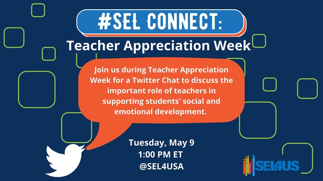 SuperDville's tweet photo. In honor of #nationalteacherappreciationweek -let's come together for some exciting discussions with @SEL4USA on supporting #socialemotionallearning in #education! MAY 9th at 1PM (ET) #EducationForAll #SELconnect #teachers #educators #edchat #SEL4US Guide: https://t.co/q7E1fezKI5 https://t.co/bQTWmwDDto