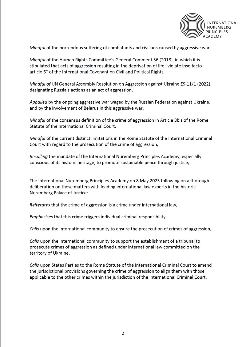 The Nuremberg Academy has published the 

“Nuremberg Declaration on the Crime of Aggression” 

calling for a tribunal to prosecute crimes of aggression in #Ukraine and for extending the competences of the #ICC regarding the #CrimeOfAggression.
Read it: bit.ly/3NRSoPF