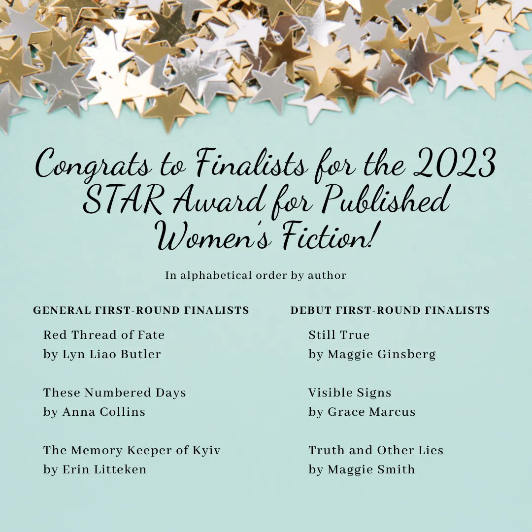 WF_Writers's tweet photo. The Women’s Fiction Association is pleased to announce the 2023 finalists for the STAR Award.

This yearly contest is open to anyone with a Women’s Fiction novel published in 2022. 

CONGRATULATIONS to all! 

#staraward #finalists #debut #general #womensfiction https://t.co/zk0vDDF4tz