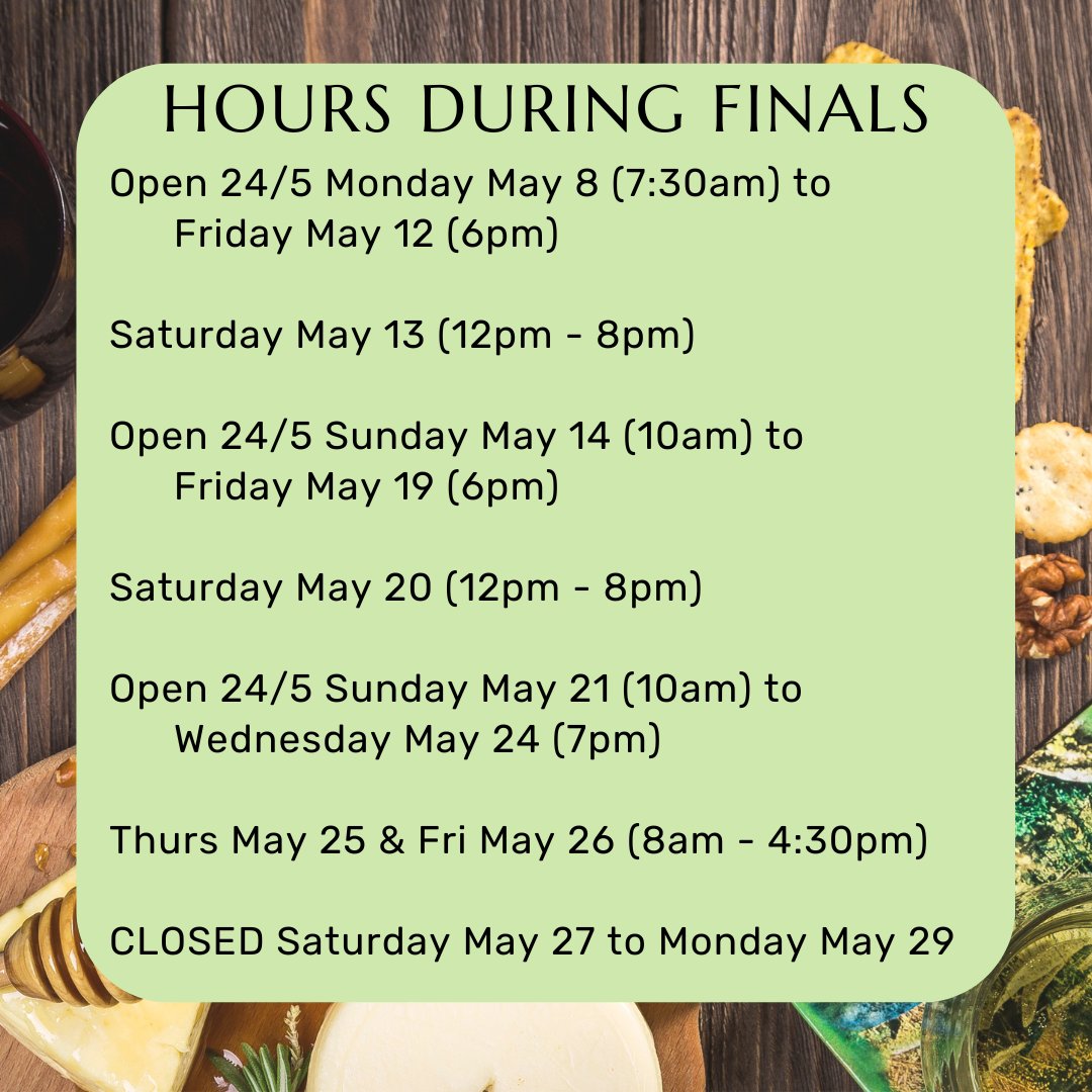 Get your end-of-the-semester study on! 24/5 hours start this week in the Academic Commons.