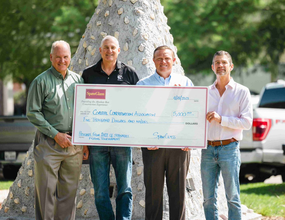 SpawGlass1953's tweet photo. We were pleased to present @CCANational with a check for $5,000 from our 2022 CJ Strnadel IV Memorial Fishing Tournament proceeds! We're looking forward to another great event this year - mark your calendar for August 4-5, 2023! #CommunityContractor #SGBuildsCommunities https://t.co/aVubm9yvHm