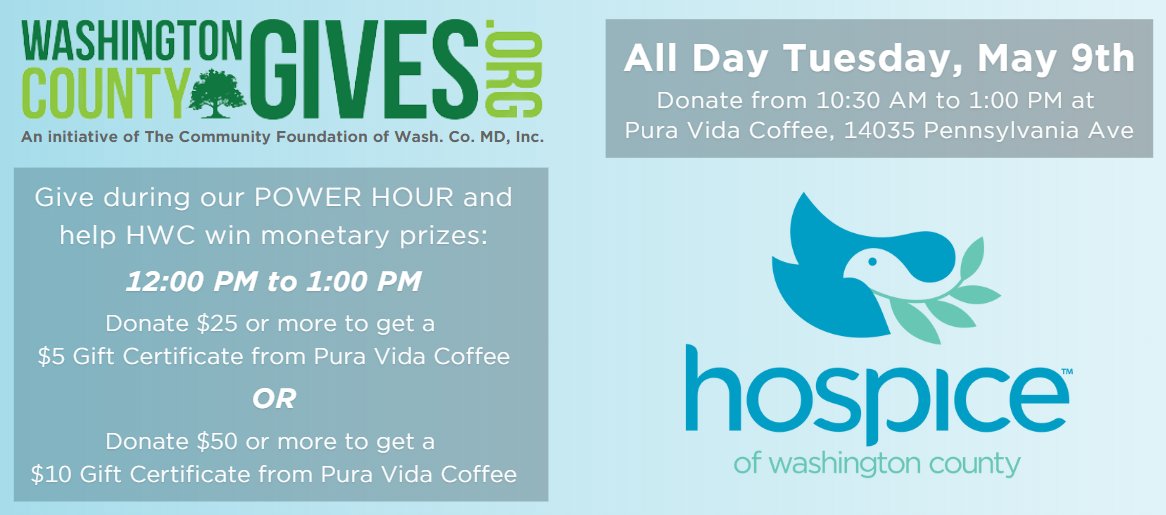 hospiceofwc's tweet image. Washington County Gives is tomorrow, May 9th! Donate $25 to receive a $5 Gift Certificate to Pura Vida Coffee. Donate $50 or more and receive a $10 Gift Certificate! Visit Pura Vida Coffee or donate online during our Power Hour 12 PM-1 PM! Visit washingtoncountygives.org/organizations/… to donate.