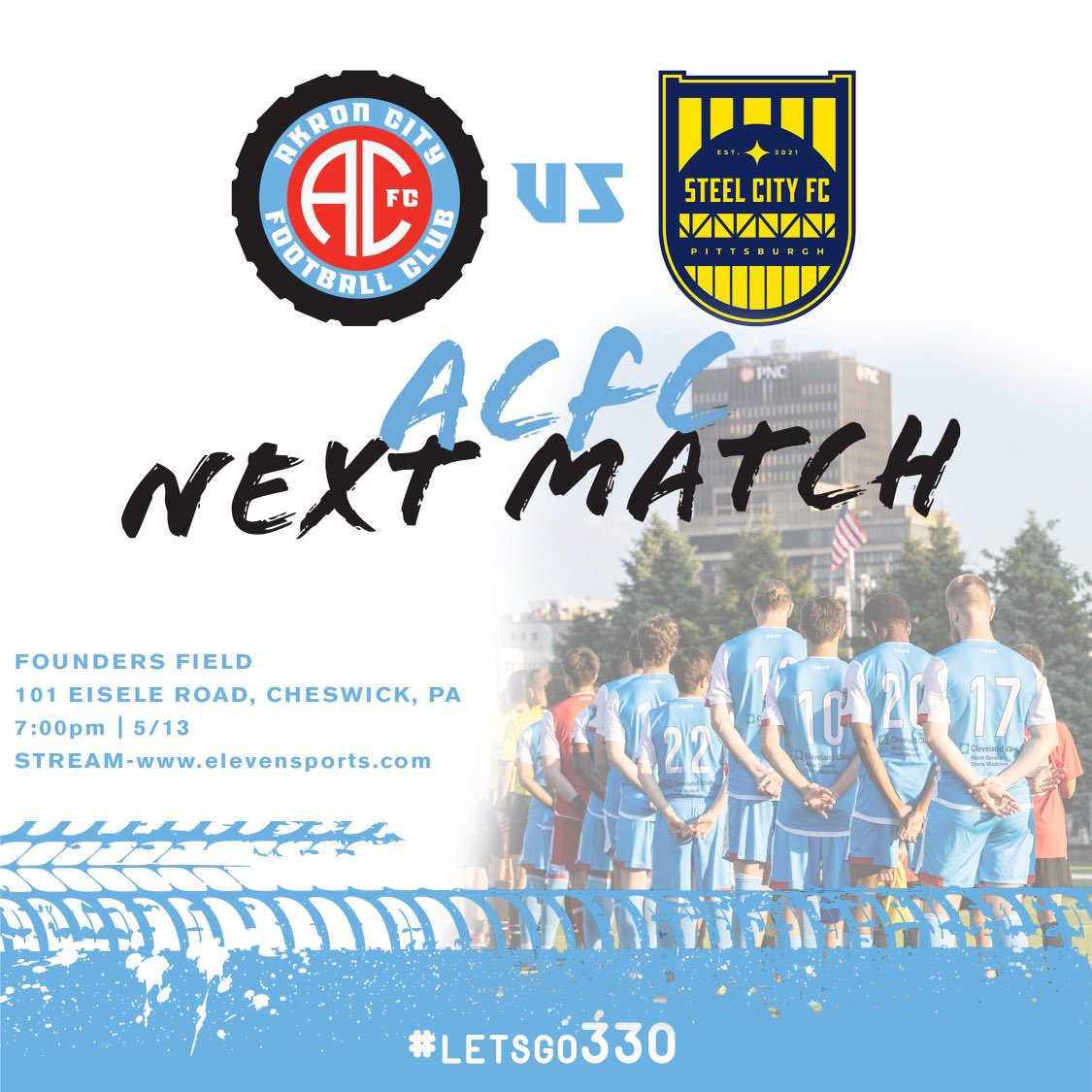 AkronCityFC's tweet photo. SEASON OPENER THIS SATURDAY!

🆚 - @SteelCityFC 
🗓️ - May 13, 2023
⏰ - 7:00PM ET
🏟️ - Founders Field/Cheswick, PA
🎟️ - Purchase at gate
📺 - https://t.co/zPnCtKgKfY

Home opener is May 21, 2023 at 6:00PM - https://t.co/B69VzLos6Q https://t.co/u7KEjhQU7t