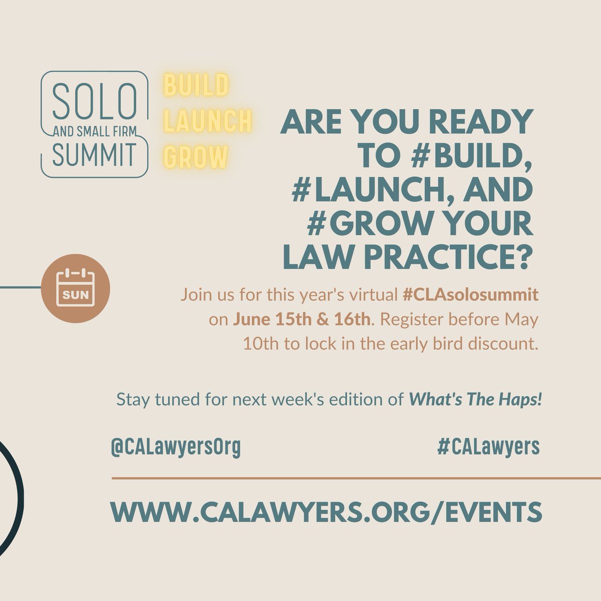 CALawyersOrg's tweet photo. On Friday, we shared a post about the importance of rest.

We all deserve to rest.

That's why we're taking a deep breath and enjoying rest this week. Join us on Thursday when we get back to business with two very exciting events:

📅 Thursday, May 11th | 8:00 am - 6:00 pm
The Intellectual Property Section of CLA  (@CLA_IP) is proud to present the "IP in Entertainment and Media Conference" at UCLA Luskin Conference Center & Hotel. (@luskinhotella)
 
📅 Thursday, May 11th | 12:00 pm - 1:30 pm
The Family Law Section of the California Lawyers Association #Free Webinar: Nuances of Hearsay: A Systematic Approach to Application of the Hearsay Rule in Family Law Cases. @CLAFamilyLaw 

👋 Before you go, we've got one last question for you! Are you ready to #build, #launch, and #grow your law practice? Join us for this year's #virtual #CLAsolosummit on June 15th and 16th.

➡ Register before May 10th to lock in the #earlybirddiscount: https://t.co/kZlSGNi3bb

Continue to follow us weekly for more on the latest happenings at CLA.

#CLAevents #CLAmembership #LawyerWellbeing #WellbeinginLaw #Lawyering #CALawyers #CaliforniaLawyers #Wellness #CLAwebinar