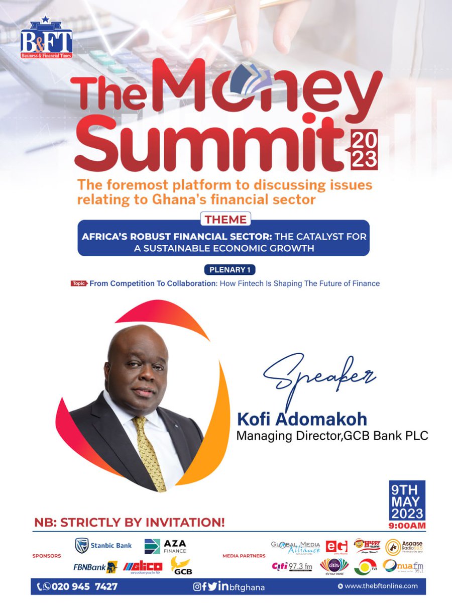 GCB Bank PLC is a proud sponsor of The Money Summit 2023.  Our Managing Director, Mr. John Kofi Adomakoh will speak on the theme, 'Africa's Robust Financial Sector: The Catalyst for Sustainable Economic Growth'. 
#themoneysummit #economy #sponsor #GCBCares #GCB #YourBank4Life