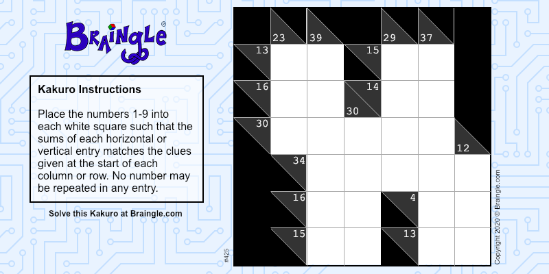 braingle's tweet photo. Braingle's Weekly Kakuro Challenge :: The average time for today's #kakuro #puzzle is 5.2 minutes. Can you beat this? Please reply with your time. Try it here: https://t.co/UTVUahfcFo 🔢🏆 #dailychallenge https://t.co/Qs8LKzzrKU