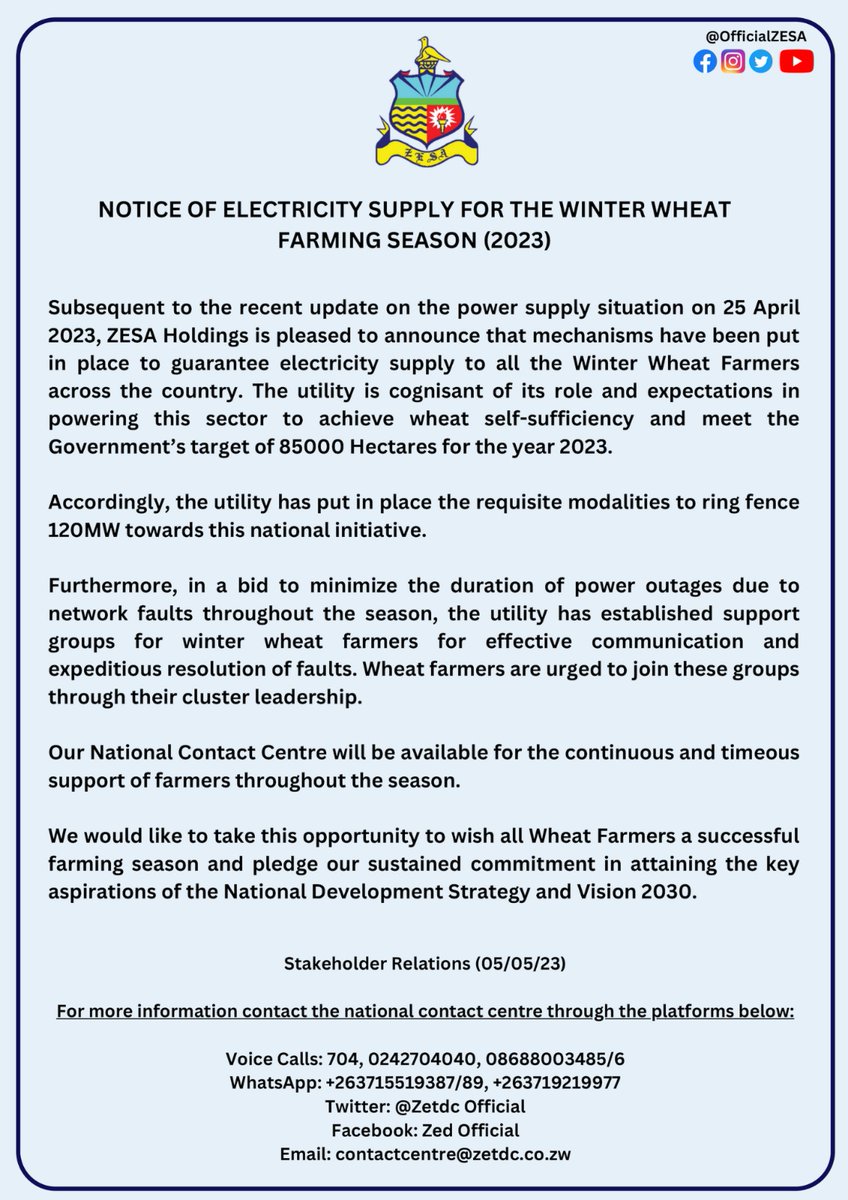 #NoticeToOurValuedClientsNationwide Kindly take note.
#ElectricitySupply
#WinterWheatFarmingSeason (2023) 
@HeraldZimbabwe 
@ZESAHOLDINGS_ 
@NewsDayZimbabwe 
@ZBCNewsonline 
@KwayedzaZim 
@ChronicleZim 
@SundayMailZim 
@DailyNewsZim 
@PowerTelZW