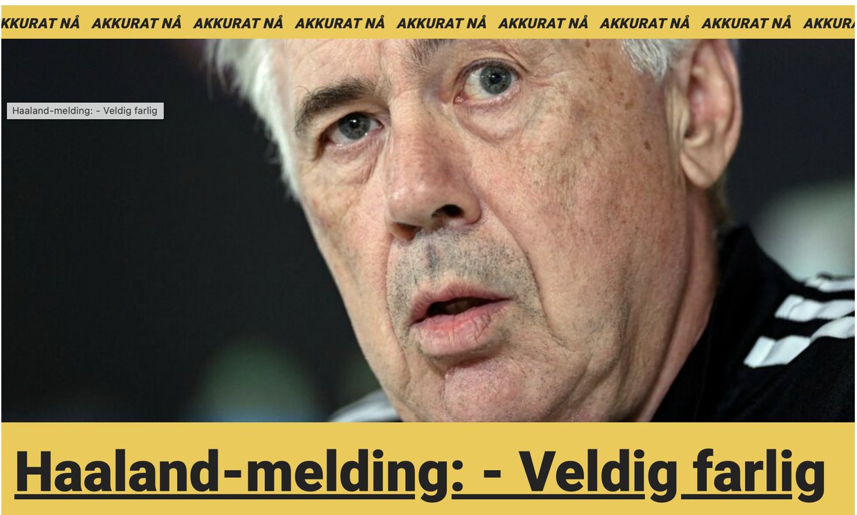 Aviseth's tweet photo. Hva med å formulere overskriften i samsvar med det Ancelotti angivelig skal ha sagt/ment, nemlig at Haaland er veldig god? #Presisjon @db_nyheter https://t.co/oLYLIGP9V9