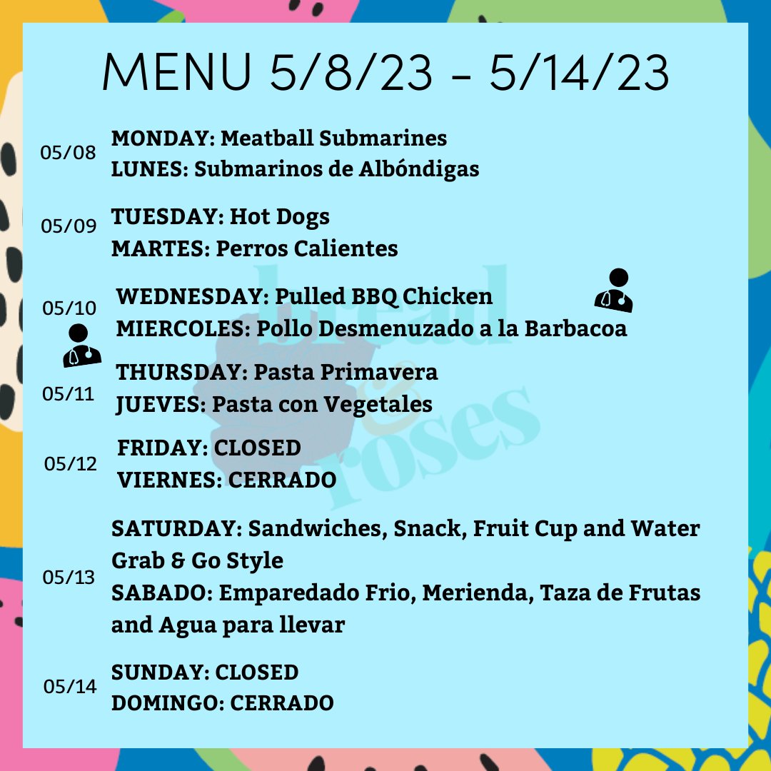Check out what's on the menu this week. Don't forget: on Wednesday at 5:30 PM, the Greater Lawrence Family Health Center Mobile Unit will be here!

Hecha un vistazo a lo que hay en el menú de esta semana. ¡El miércoles a las 5:30PM, la Unidad Móvil GLFHC estará aquí!