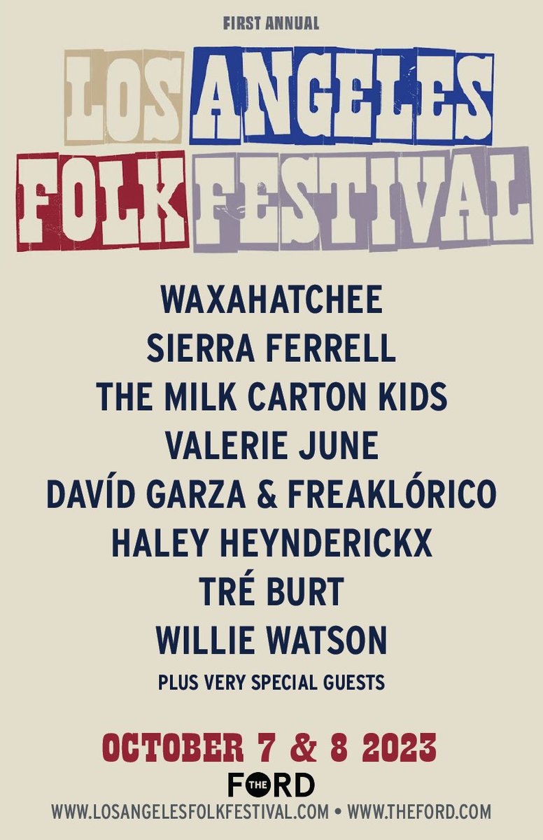We’re so excited to announce the lineup of the 2023 Los Angeles Folk Festival! Check out these absolute folk killers. Y’all, TICKETS GO ON SALE TOMORROW! Can’t wait to sit under the October skies and enjoy these evenings with y’all. Join us October 7 &amp; 8 at <a href="/TheFord/">Ryan Ford</a>.