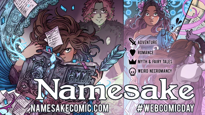 It's #webcomicday! I make those!  NAMESAKE - namesakecomic.com is about saving the universe while improvising with portal & phenomenal cosmic powers, necromancy, and a literature degree.  Teens + / For fans of Wicked, Kingdom Hearts and Witch Hat Atelier. UPDATE Tues/Thurs.