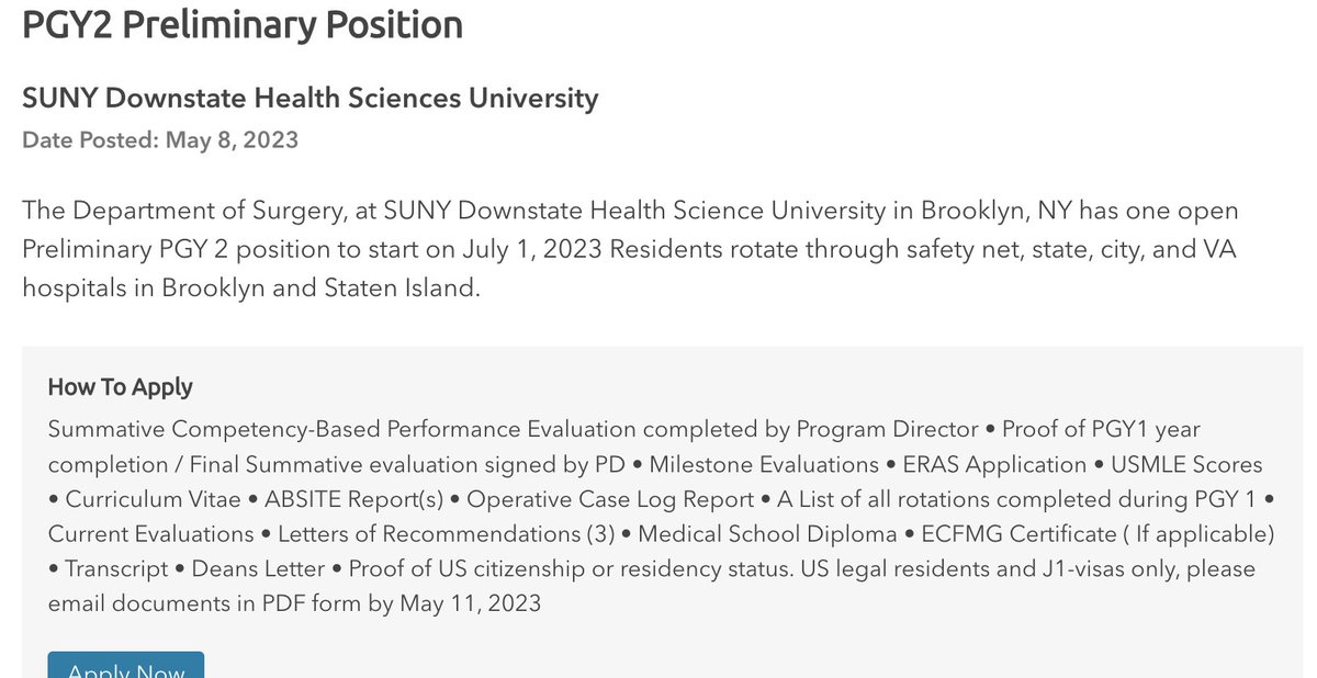 Inside_TheMatch's tweet photo. PGY-2 Preliminary #GenSurg Residency Opening 
SUNY Downstate Health Sciences University
Brooklyn, NY
Posted: May 8, 2023
Start: July 1, 2023
https://t.co/DqxdK9aQIM

#InsideTheMatch #MedTwitter #GenSurgTwitter https://t.co/aSZl9LBjNo