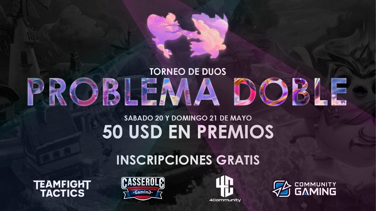 PREPARA TU PAREJA, ES HORA DE COMPETIR ⚔️

Les presentamos #TFTProblemaDoble, 32 parejas se enfrentaran por 50 dólares en premios.🤑🤑🤑

Inscríbete totalmente GRATIS ahora!
🔗bit.ly/Problemadoble

📆 20 y 21 de Mayo
🕜 3PM 🇲🇽 / 4PM 🇨🇴-🇵🇪 / 5PM 🇻🇪-🇧🇴-🇨🇱 / 6PM 🇦🇷-🇺🇾-🇧🇷