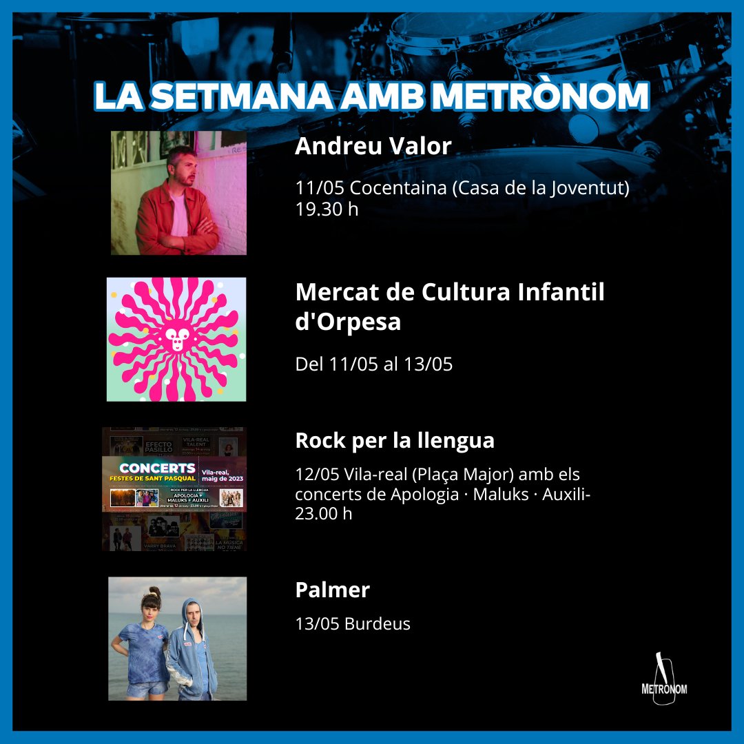 Metronom_prod's tweet photo. 🎵Comencem setmana amb l'agenda de Metrònom!! 

El Mercat de Cultura Infantil d'Orpesa ja arranca aquesta setmana i comptem amb un bon grapat d'actuacions que ens encisaran!! Ja sabeu, del 11 al 13 de maig a Orpesa, pegueu-li una ullada a la programació:

https://t.co/b6s3p0XkTy https://t.co/1bVHIE49VV