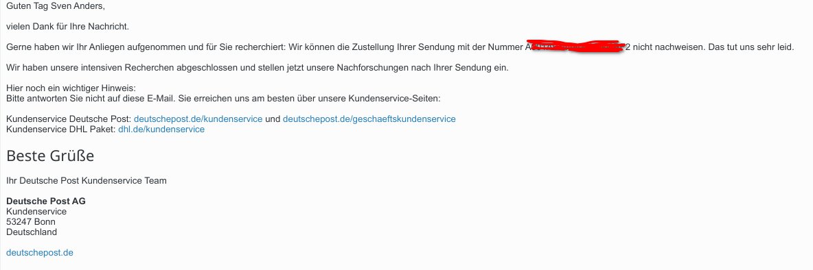 tabacha's tweet image. Die Deutsche #Post schreibt mir dass sie für ein #Einschreiben mir nicht sagen können, ob es zugestellt ist. Kein Wort davon, dass man mir ggf. wegen schlechter Leistung irgendwas erstattet oder so. Hab jetzt mal 5 Euro pauschale + Porto für den Aufwand verlangt.