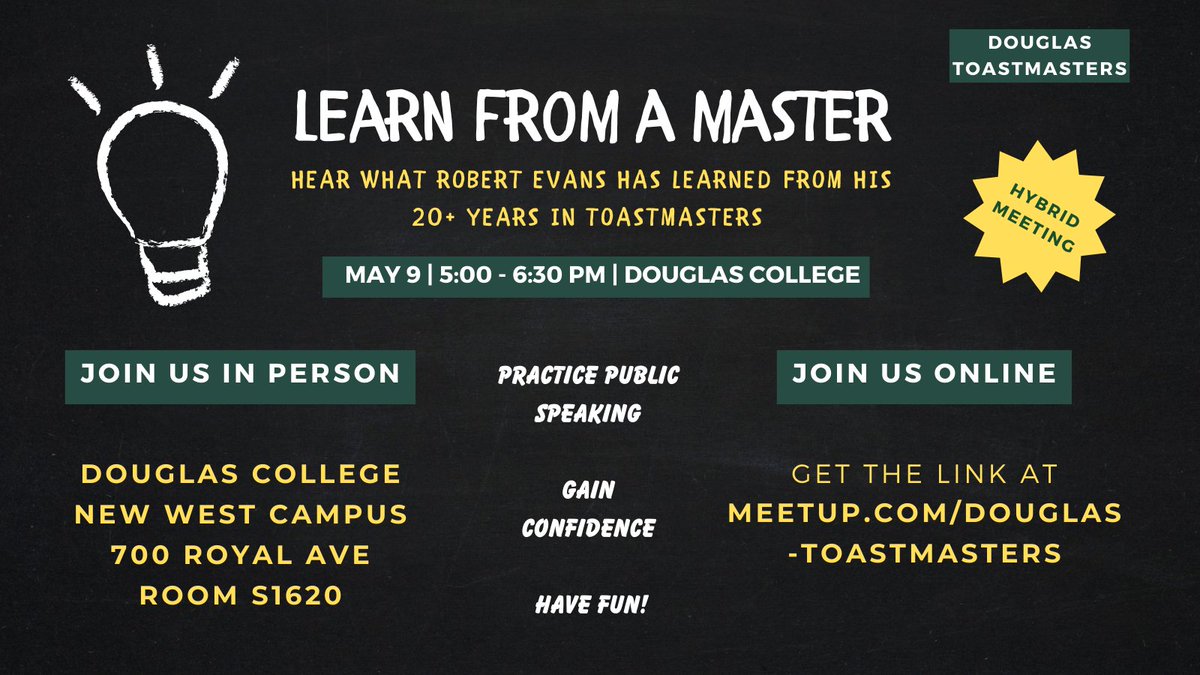DouglasToasters's tweet image. Join us tomorrow to hear from our guest speaker: Robert Evans, DTM! He joined Toastmasters 20+ years ago after an embarrassing verbal snafu. Now he will tell our club what he's learned (and try not to say something embarrassing). 

meetup.com/douglas-toastm…