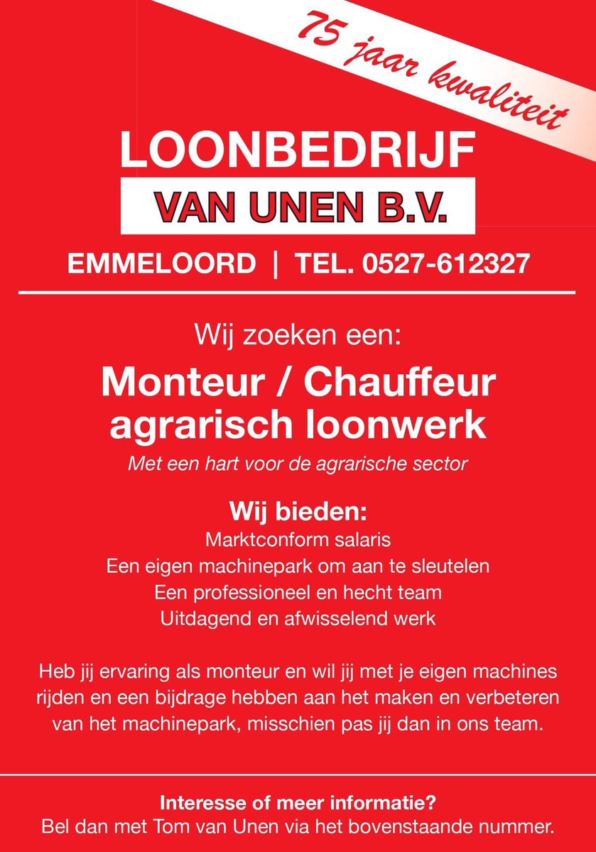 Wij zijn opzoek naar versterking! 

Ben jij of ken jij iemand die graag met machines rijdt of sleutelt. Dan zijn we op zoek naar jou! 

Dit mag ook als zzp'er 

Delen wordt gewaardeerd.