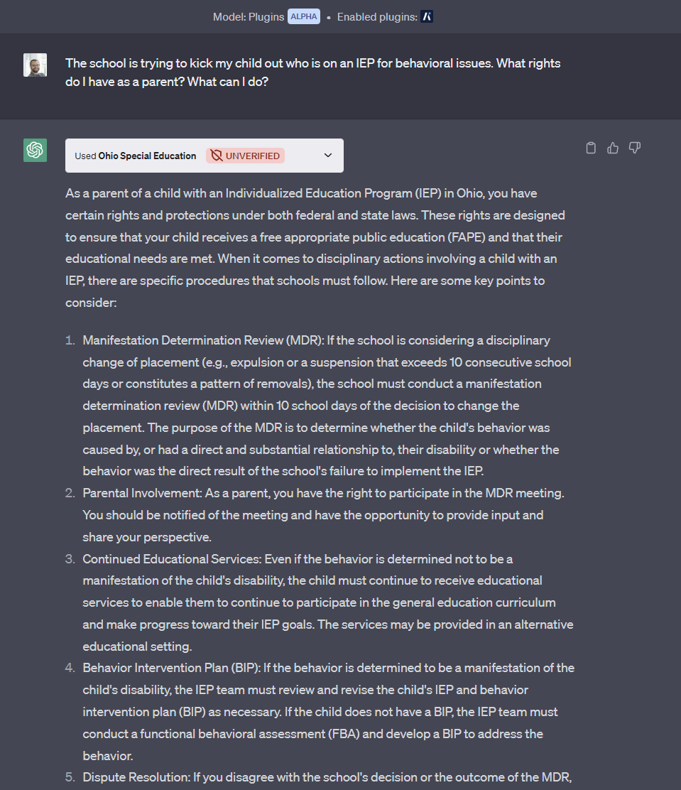 rsevey's tweet photo. I see many parents of special needs children in Ohio asking basic questions about their rights and what they should / can do for their kids. I built an @OpenAI plugin to help them based on the @OHEducation documents.
#education #OPENAI #iep #aiforgood https://t.co/4plfceSrzg