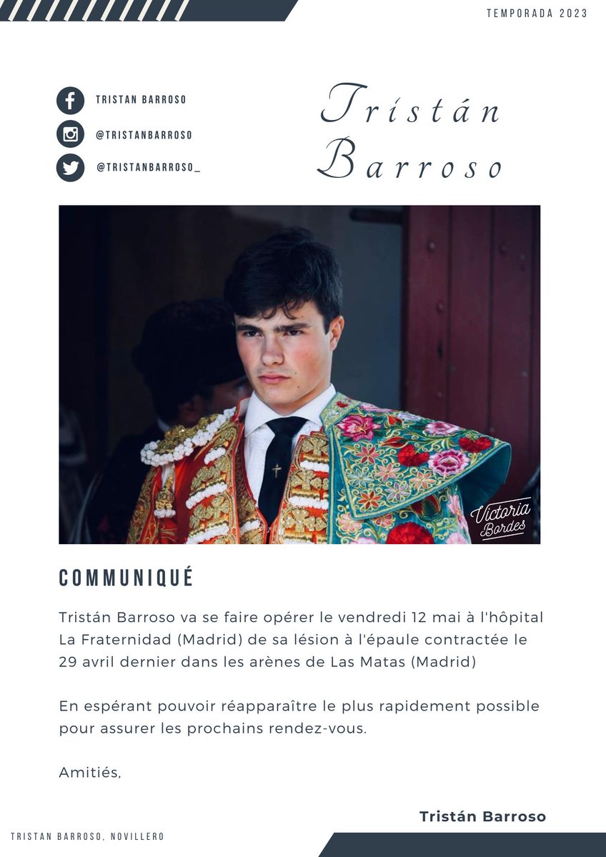 📍 COMMUNIQUÉ 🇨🇵
👉 Je serai opéré le 12 mai prochain suite à la blessure à l'épaule de Las Matas (Madrid)
A très vite! 💪