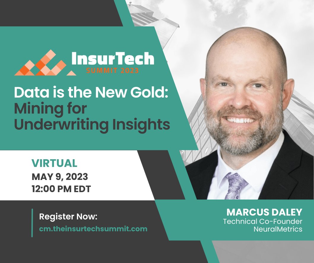 NeuralMetricsAI's tweet image. Join @daleymarcus and a panel of experts at @CarrierMgmt&apos;s #InsurTech Summit to learn how insurtechs are partnering with #insurance carriers to help transform the #underwriting process with the use of data. Register now: cm.theinsurtechsummit.com/talks/data-is-…