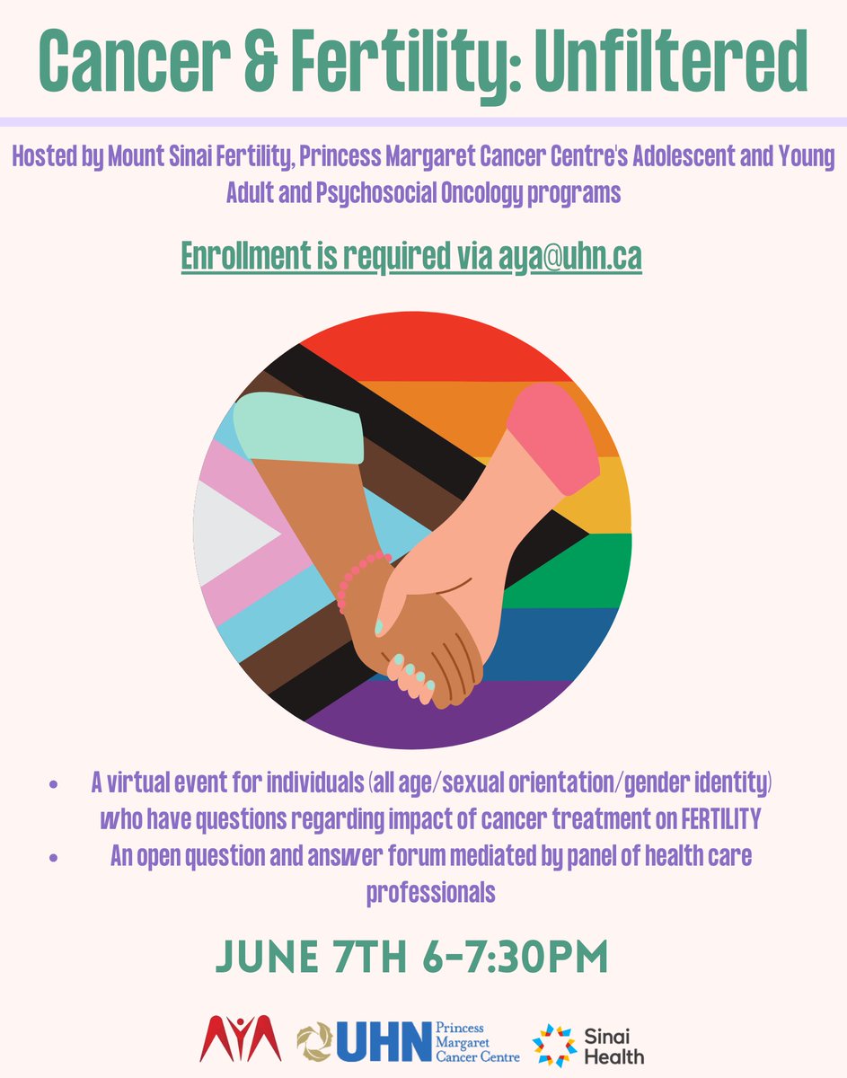 AYA Program at PMH (@ayaprogram) on Twitter photo The AYA Program would like to invite you to: Cancer & Fertility: Unfiltered. A virtual event for individuals of all ages and from all sexual orientations/gender identities who have questions regarding impact of cancer treatment on fertility. Please email aya@uhn.ca to attend! The AYA Program would like to invite you to: Cancer & Fertility: Unfiltered. A virtual event for individuals of all ages and from all sexual orientations/gender identities who have questions regarding impact of cancer treatment on fertility. Please email aya@uhn.ca to attend!