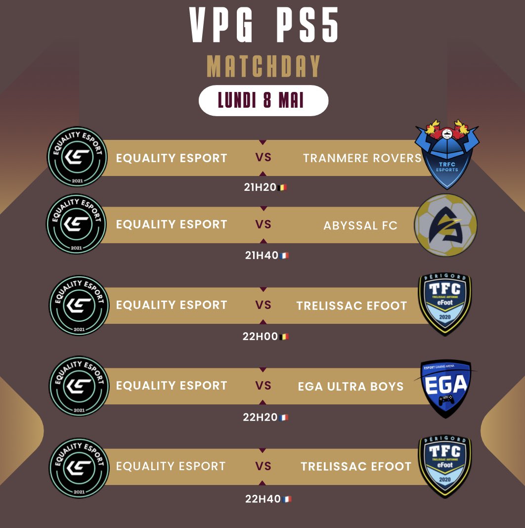 ⚫️⚪️MATCHDAY⚪️⚫️

🏆| <a href="/belgique_vpg/">VPG BELGIQUE 🇧🇪</a>
🏟️| 🆚 <a href="/TRFCesports/">Tranmere Rovers Esports</a>
🏟️| 🆚 <a href="/Trelissacefoot/">Trelissac eFoot 🇨🇵</a>

🏆| <a href="/VPGFRANCE_/">VPG France</a>
🏟️| 🆚 @Abyssalfc
🏟️| 🆚 <a href="/EGA_ULTRA_BOYS/">EGA UltraB ancien compte</a>
🏟️| 🆚 <a href="/Trelissacefoot/">Trelissac eFoot 🇨🇵</a>

Vous pouvez nous retrouver à partir de 21h00 sur la chaîne : twitch.tv/kaayootv