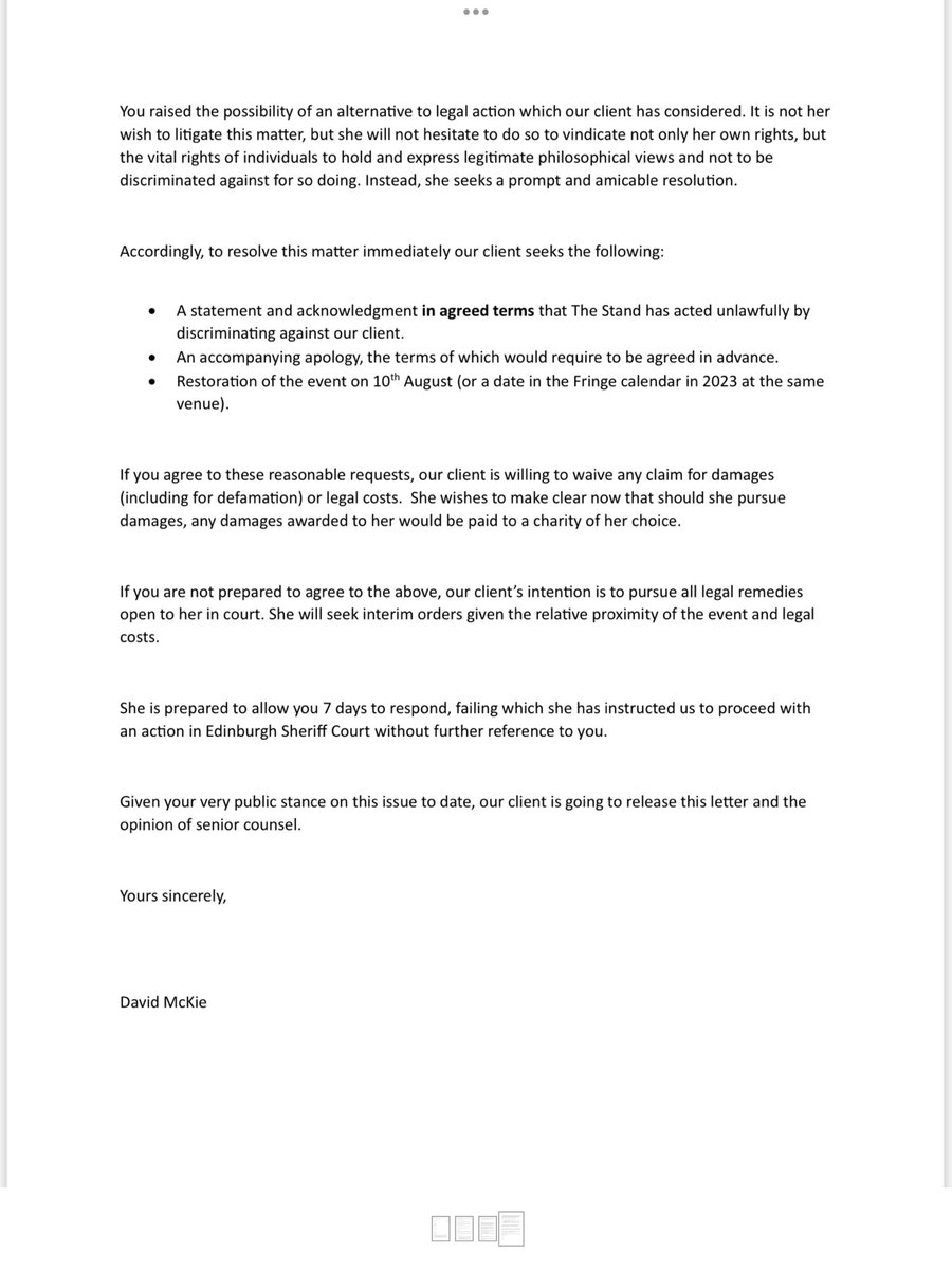 🧵My solicitor’s letter to <a href="/StandComedyClub/">The Stand</a> in respect of their unlawful discrimination against me &amp; a media statement are attached. I have a supporting Opinion from the eminent &amp; leading #HumanRights advocate Aidan O’Neill KC which I will post separately 1/2
