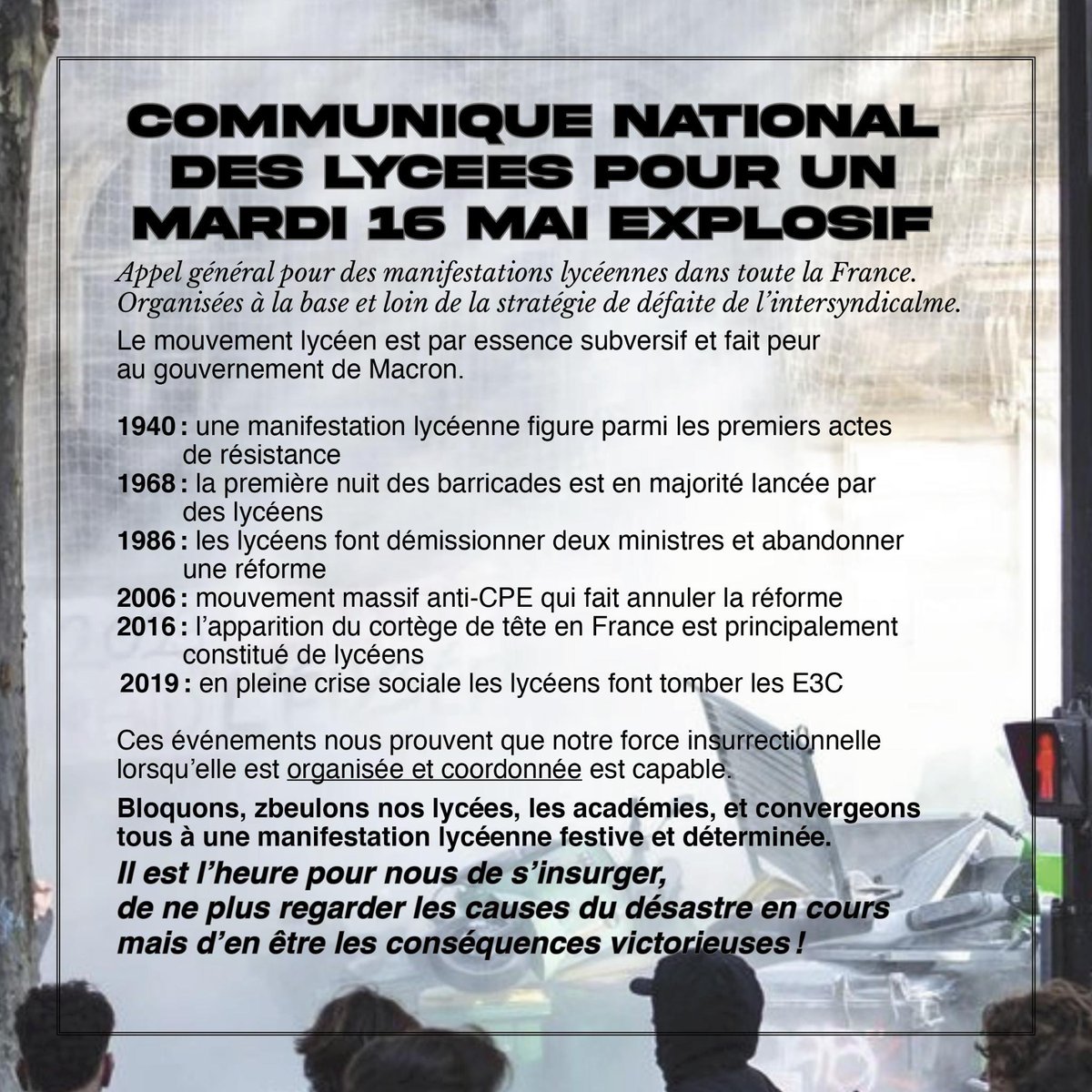 MALA_IDF's tweet photo. 🚨Alerte générale🚨
Les lycées s'organisent nationalement pour mettre à bas Macron 
#lyceesorganises #8mai #Macron
#tictacboum https://t.co/wobeSUjeFi