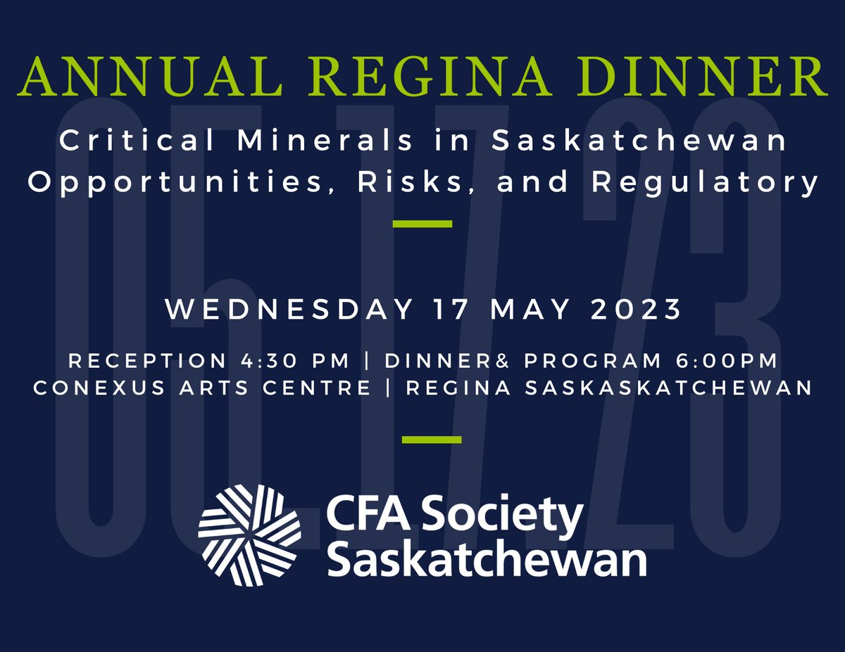 CFASaskatchewan's tweet photo. The Future is Now: Critical Minerals  Join us 17 May for dinner and an all-star industry panel with Minister of Energy &amp; Resources, Jim Reiter to discuss critical minerals in SK: opportunities, risks, investment vehicles, taxes  @SaskMiningAssoc
Info👉https://t.co/Nmy3Z8BiQV https://t.co/16jlyE0nFN