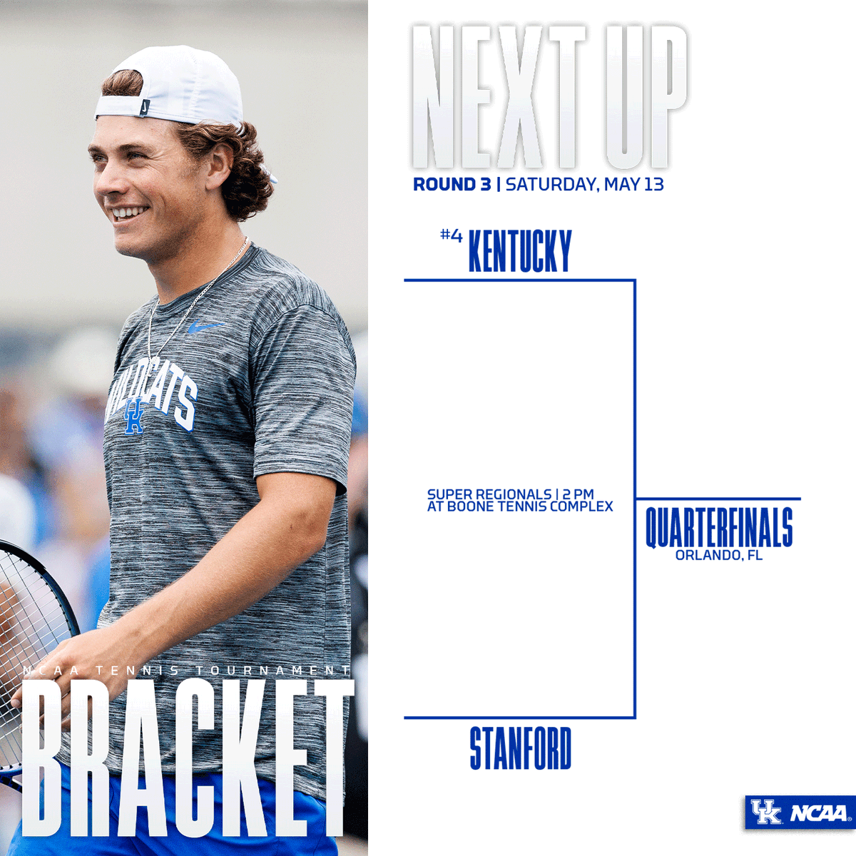 Round 3 of the 2023 NCAA Tennis Tournament will be at the Boone Tennis Complex on Saturday, May 13. 🎾

Tickets here:
go.uky.edu/2023NCAAMensTe…