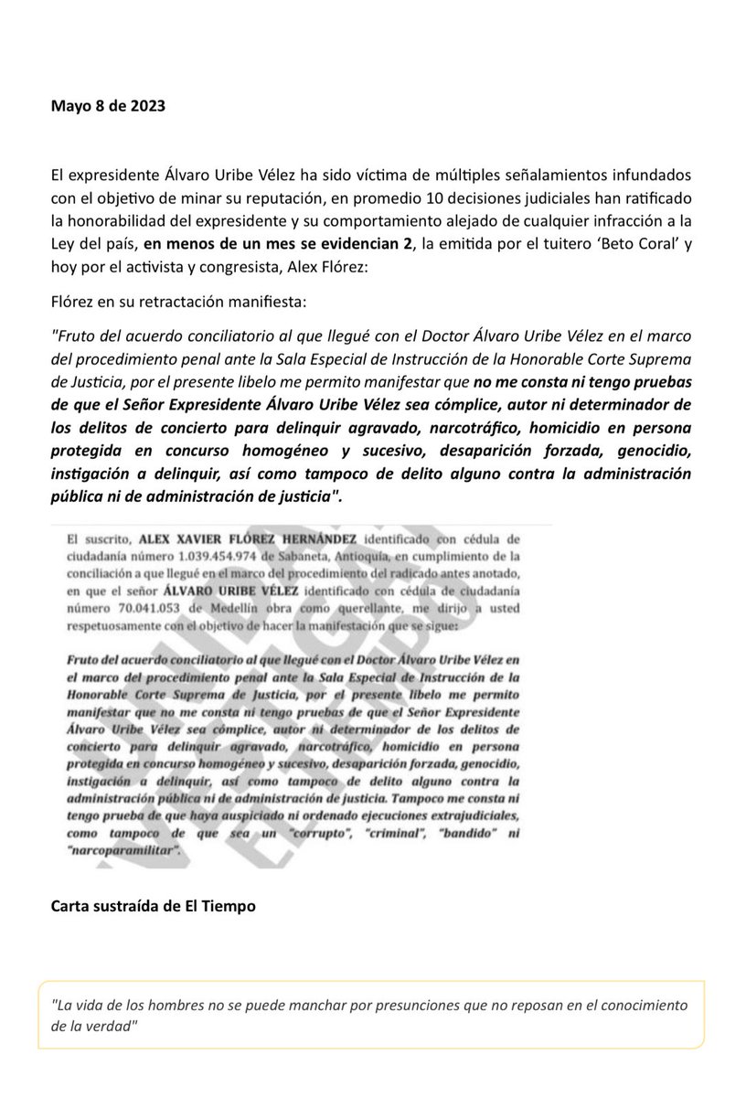 #NoticiaW | El senador Álex Flórez envió una carta a la Sala de Instrucción de la @CorteSupremaJ en la que se retracta por haber llamado “corrupto y narcoparamilitar' al expresidente Álvaro Uribe Vélez.