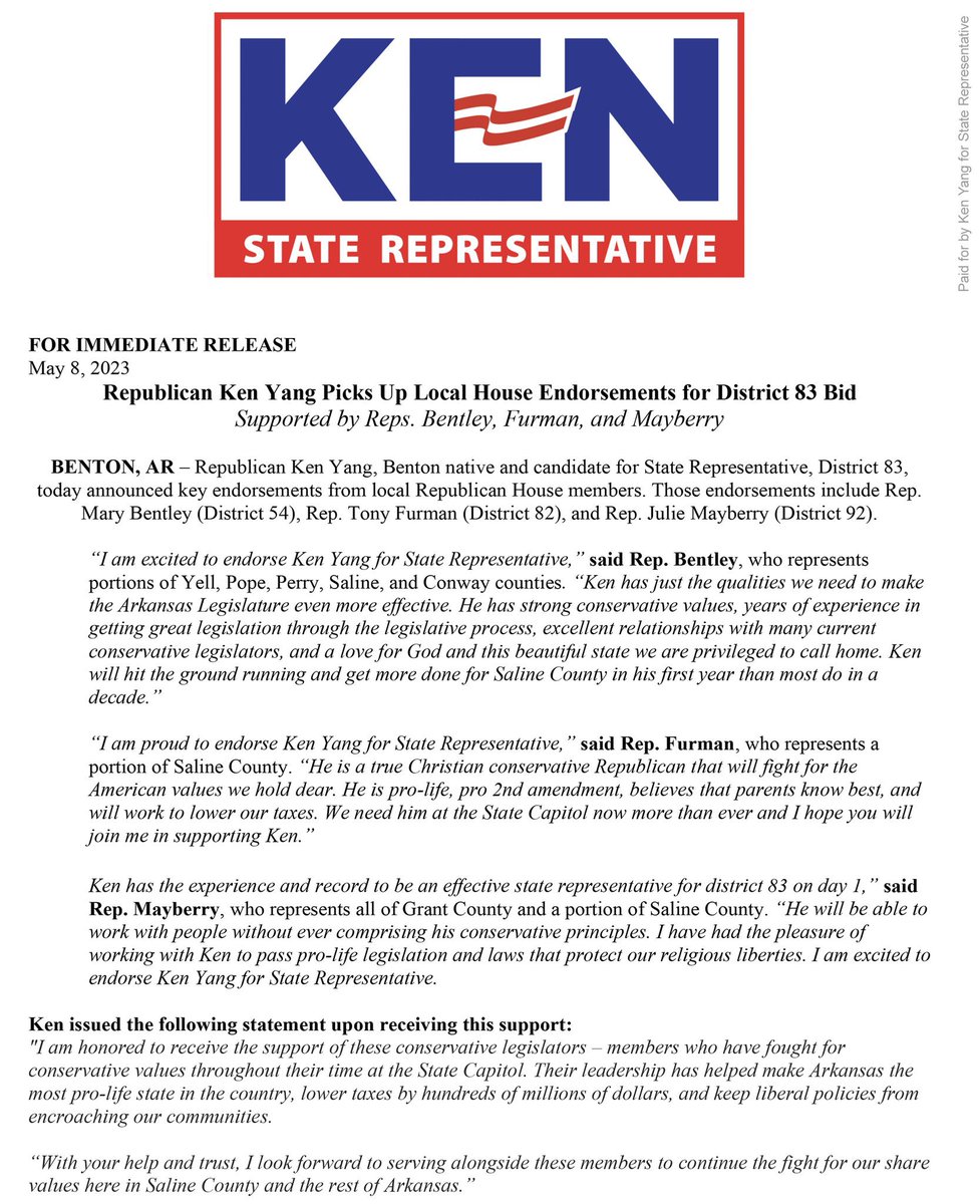 kenyangAR's tweet image. I am honored to receive the local endorsements of Representatives @MaryBentleyAR @RepTonyFurman @juliemayberry17. Thank y’all for the kind words and support. #arpx #arleg #ARnews