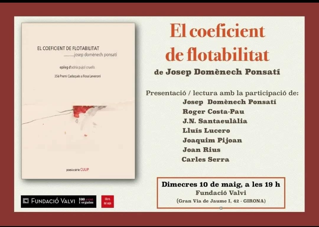 Aquest dimecres, podrem escoltar els poemes d''El coeficient de flotabilitat', de Josep Domènech Ponsatí, en veu de l'autor i d'uns recitadors de luxe! A la Fundació Valvi de Girona, 19 h
@PonsatiJosep
@costapauroger @martacostapau @JNSantaeulalia @AjCadaques