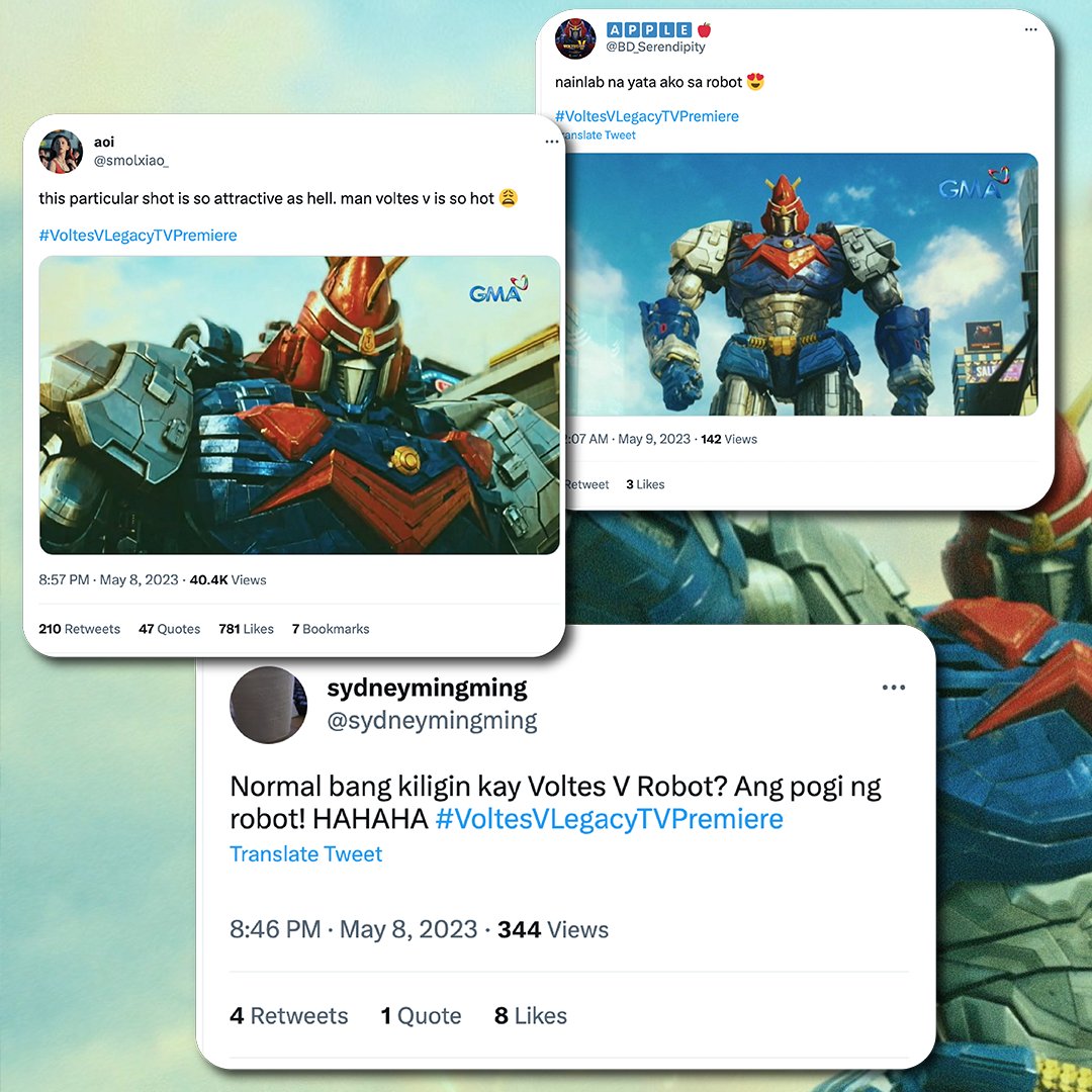 gmanews's tweet photo. "Normal bang kiligin kay Voltes V Robot?" 🤖

LOOK: While many Filipino viewers admired the CGI for the series, a few could not help but fangirl on the Voltes V robot itself!  

#VoltesVLegacyTVPremiere 
#VoltesVLegacy https://t.co/Vi7gusooag
