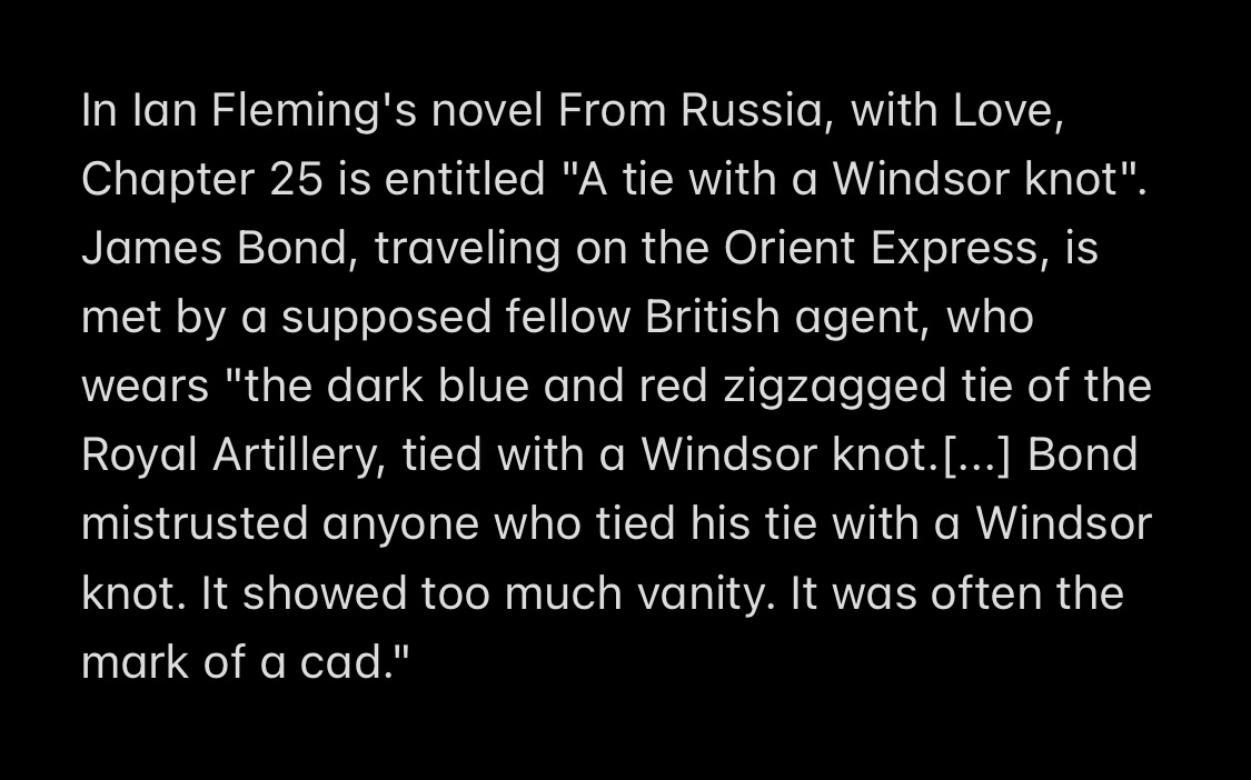 dbmnm_1's tweet photo. @bryanth2o A windsor knot—particularly the double—is the “mark of a cad” and one who ties his knot thusly should be inherently mistrusted.
I don’t make the rules, James Bond does. #FourInHand https://t.co/slSWcDKcPg