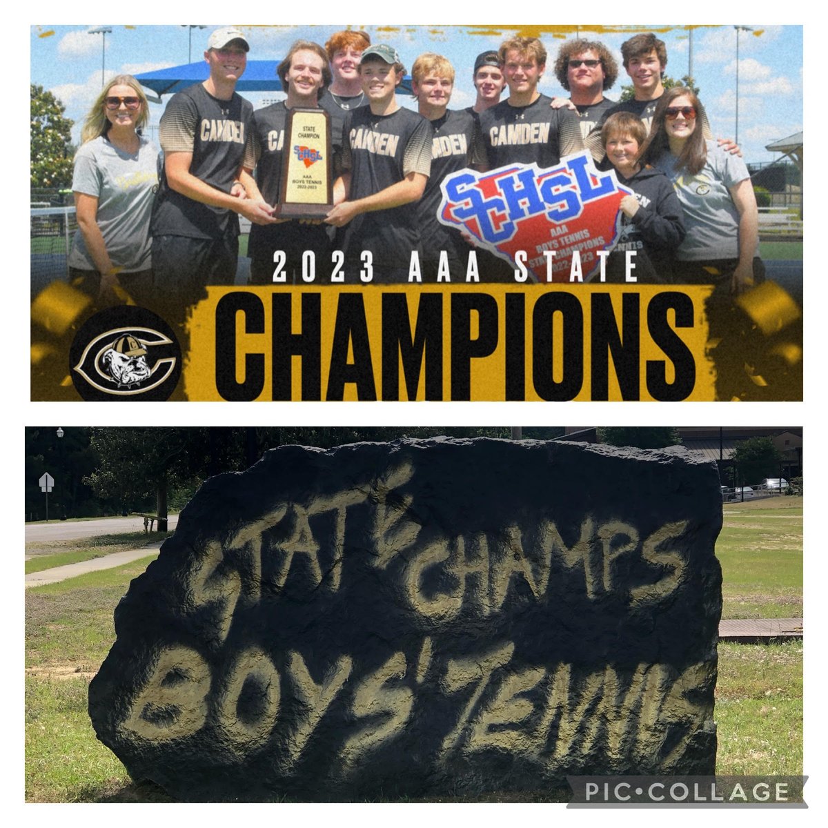 Camden_Bulldogs's tweet photo. We are Bulldog Proud of our Boys' Tennis team on winning the 3A state championship match versus Daniel.  
Alex Hinton, Wilson Nash, Carter Rimpf, David Pope, Hank Greenway, James Byrnes, Slade Funderburk, Brett Elliott, and Robert Jenkins 
Coaches–Abigail Baytes and Reese Stanton https://t.co/kJoM02Csm8
