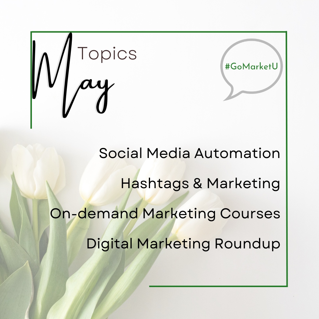 We're dropping our May Marketing Topics. Follow along each week to learn about the marketing topics below. #HereToHelp
.
#MarketingTips #BuisnessTips #SocialMediaTips #ContentTips
#GoMarketUAgency