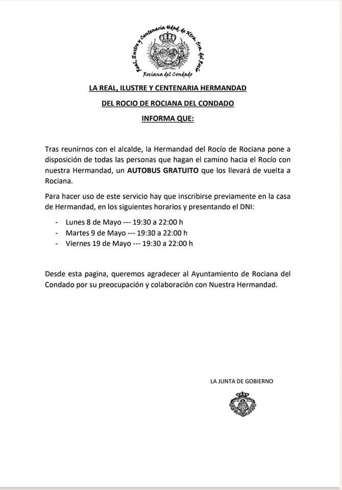 Hdad del Rocío de Rociana (@hdadrocianacent) on Twitter photo INFORMACIÓN DE INTERÉS.
Tras gestionar durante la mañana de hoy con el <a href="/AytoRociana/">@AytoRociana</a> hemos acordado un AUTOBÚS GRATUITO para la vuelta del camino del jueves.
Agradecemos la buena predisposición del consistorio hacia los rocieros de Rociana.
Info detallada 👇👇 INFORMACIÓN DE INTERÉS.
Tras gestionar durante la mañana de hoy con el <a href="/AytoRociana/">@AytoRociana</a> hemos acordado un AUTOBÚS GRATUITO para la vuelta del camino del jueves.
Agradecemos la buena predisposición del consistorio hacia los rocieros de Rociana.
Info detallada 👇👇