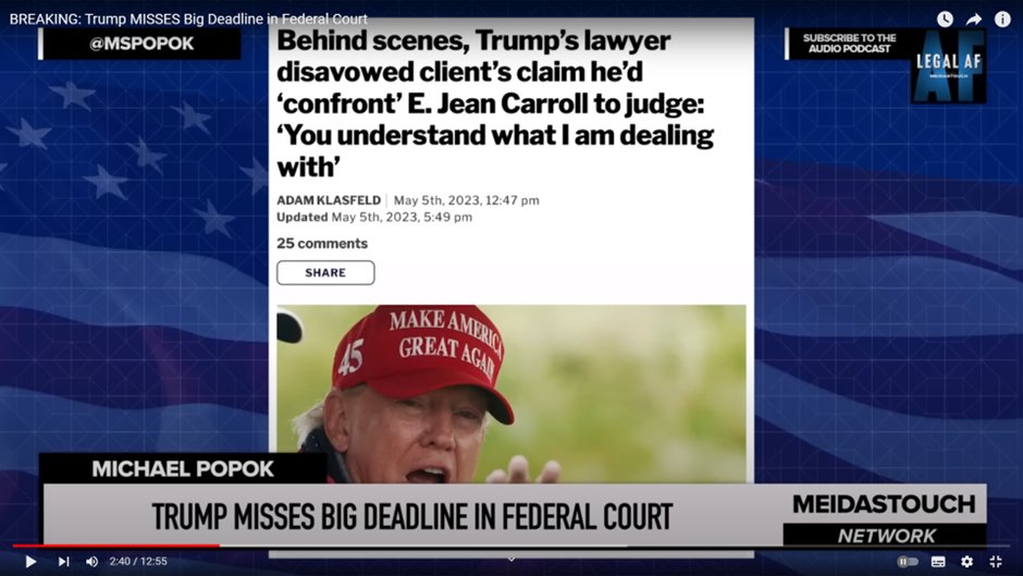 TimGluckman's tweet image. 925/x US politics: #Trump misses key deadline in #EJeanCarroll defamation re rape case. In UK he attacked judge's neutrality &amp;amp; said he'd confront EJC; just #bluster. DT's lawyer could only shrug, 'U understand what I am dealing with'!! @MeidasTouch report youtube.com/watch?v=OvsdtN…