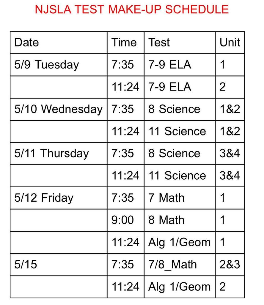 NJSLA make up testing will be this week and next week. If you missed testing, you will receive a pass to attend your make up session. Please have a charged Chromebook each day! 💻