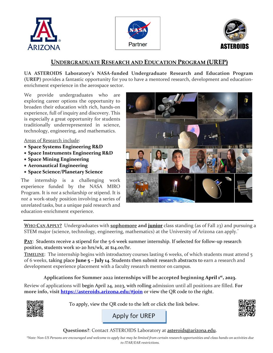 USpacetrex's tweet photo. Calling all undergraduates at UA, UPR and Pima College. If you are interested in Space and looking forward to a career in the aerospace or space science field, check out the NASA-supported Undergraduate Research and Education Program @azengineering @UArizonaLPL @UAZScience https://t.co/b79Z2loHy4