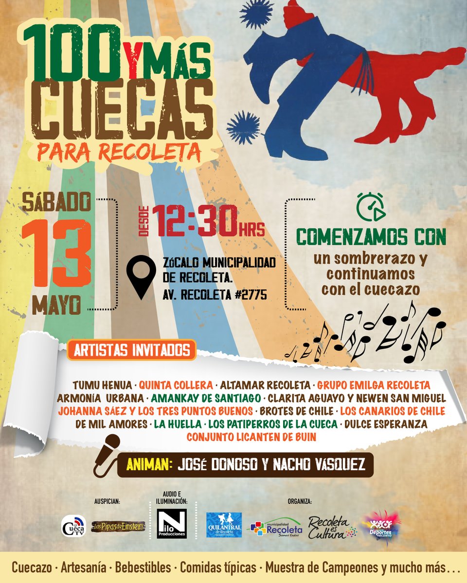 CulturaRecoleta's tweet photo. 👉Este sábado 13, vuelve "100 y más cuecas para Recoleta"🌶️🇨🇱💃🏽, en el zócalo de la @Muni_Recoleta con grandes invitados y agrupaciones que nos deleitarán con lo mejor de nuestro baile nacional. #Cuecazo #ComidaTípica #Artesanía Muestra de Campeones y mucho más! #EntradaLiberada https://t.co/sd7jmqMWio