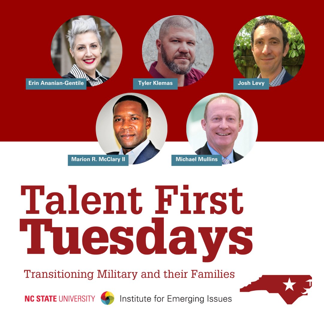 emergingissues's tweet photo. Register for the #TalentFirstTuesday panel on connecting military veterans to the workforce, featuring Josh Levy (@LeadNC), Marion R. McClary II (@NC4MilEmploy), Michael Mullins (@NCStateIES), Erin Ananian-Gentile (@NCMBC) & Tyler Klemas (@DukeEnergy). https://t.co/OEOFEOiqqH https://t.co/KIfDxstEhU