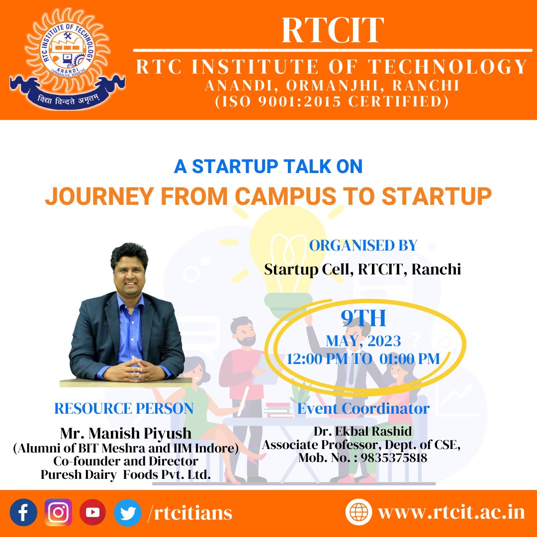 RTCITians's tweet photo. RTC Institute of Technology is going to organise a start talk on "Journey From Campus to Startup!" 
🌐: https://t.co/93INpLfAeH #startup #startups https://t.co/Gb3Xuv2UPW