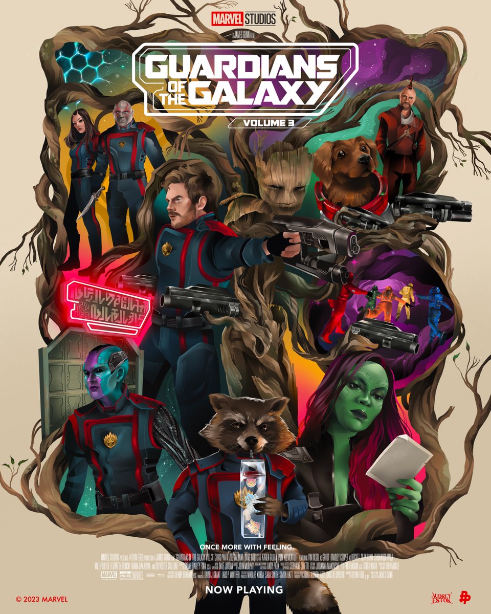 MarvelStudios's tweet photo. Check out this brand-new art from @audreyestok inspired by Guardians of the Galaxy Vol. 3. 

Experience it in theaters now. Get tickets: https://t.co/Owh9udpNCZ #GotGVol3 https://t.co/eq3Mr3iSKH