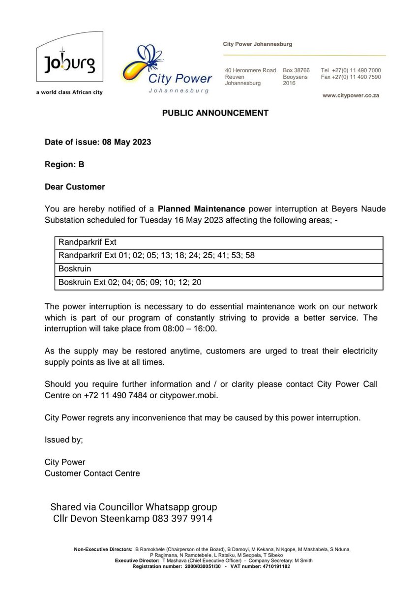 THEDEVCHEV's tweet image. ⚡ 🗓️ #PlannedOutage #Block16 #RandparkRidge #Boskruin
08 May 2023, 18h45 - Cllr Devon Steenkamp

Please note a planned maintenance on 16 May 2023 which may cause a power outage between 8am to 4pm.