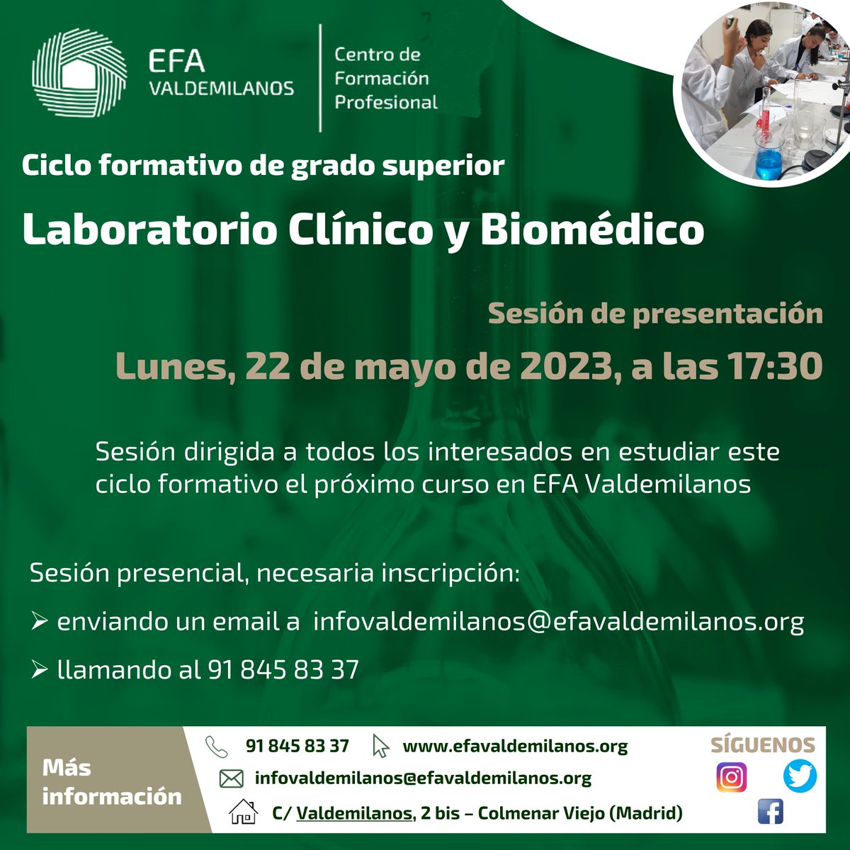 EfaValdemilanos's tweet photo. #FP #FormaciónProfesional
#CiclosFormativos #GradoSuperior #CFGS
#LaboratorioClínicoyBiomédico https://t.co/UTSFR5CFd2