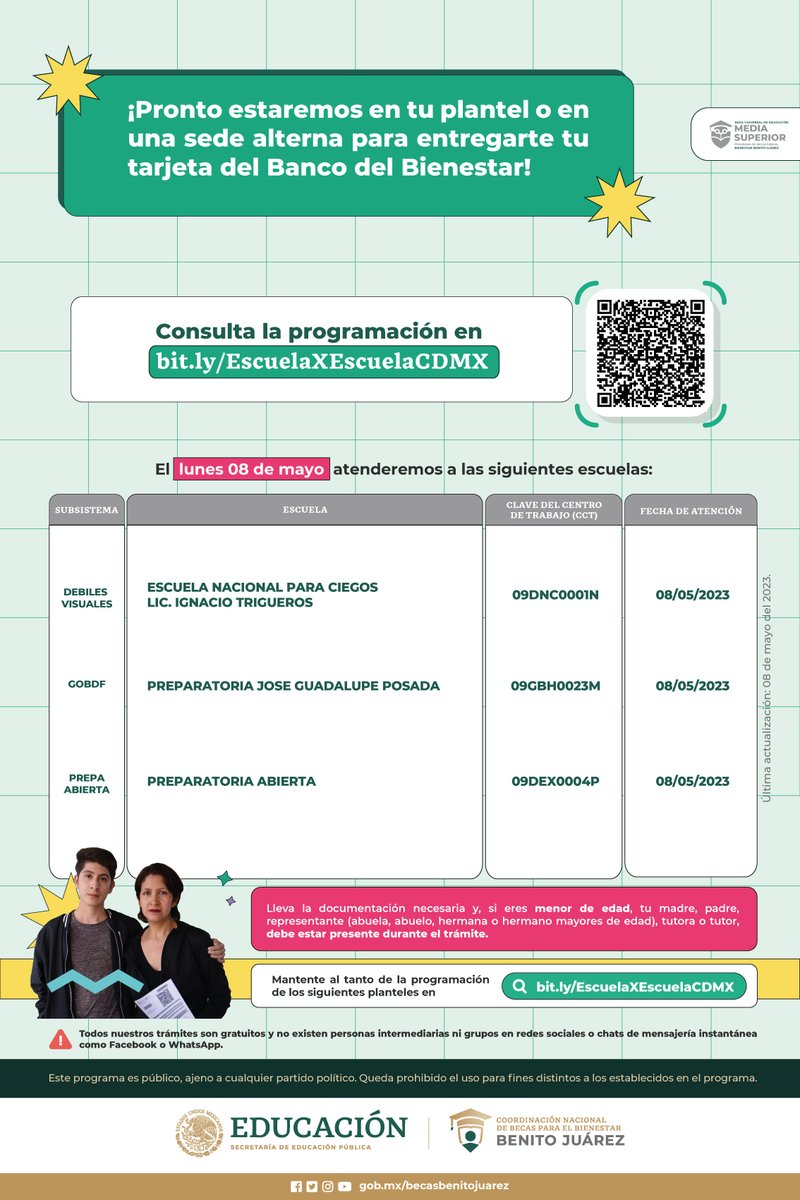BecasBenito's tweet photo. 🚨 #EscuelaXEscuela en #CDMX🚨

Becaria y becario de #MediaSuperior:

Este 𝗟𝗨𝗡𝗘𝗦 𝟬𝟴 𝗗𝗘 𝗠𝗔𝗬𝗢 atenderemos escuelas de Cedart, Débiles Visuales, GobDF, Prepa Abierta y ESCPROFART para entregarte #TuBecaEnTuTarjeta 💳

Consulta los detalles en https://t.co/3iciyFe9lK https://t.co/0YdHv4lyYV