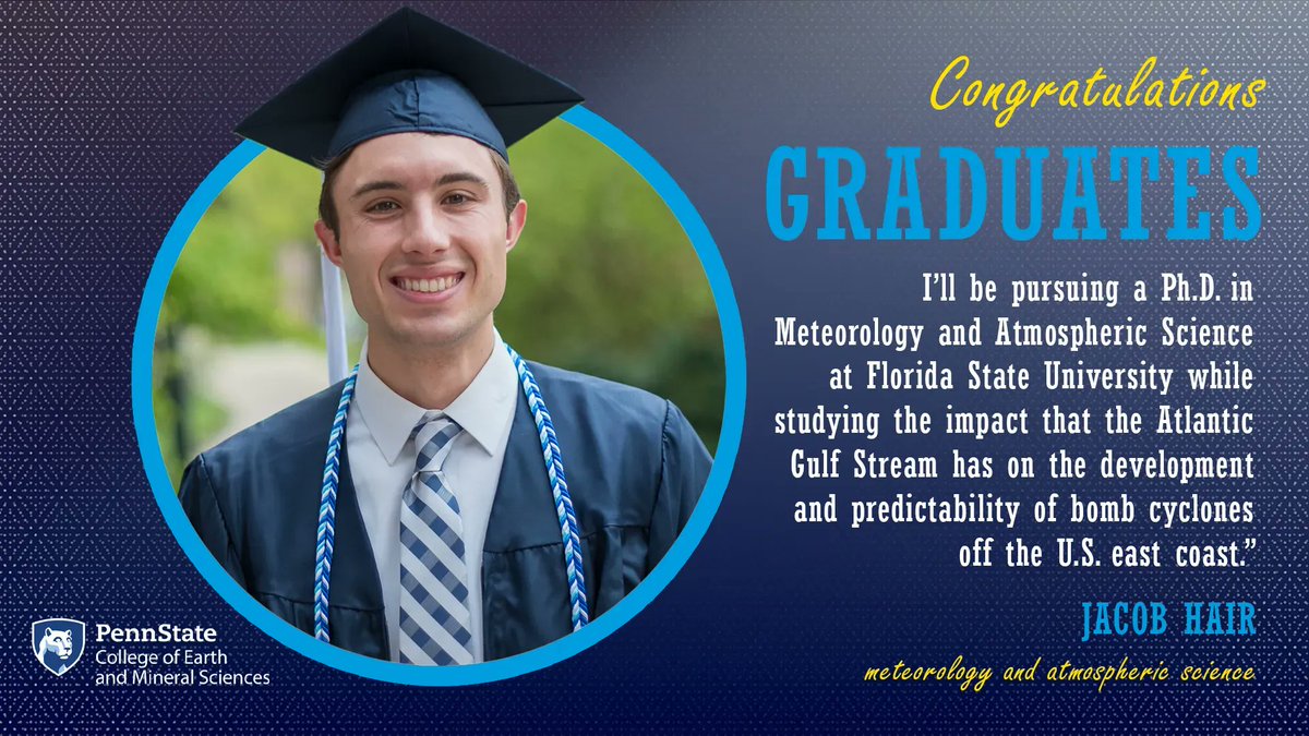 PSUEMS's tweet photo. We sent our graduating students off this weekend but we're not done featuring their great accomplishments. Weather World fans might recognize this familiar face. @jHairwx honed his on-air skills here at Penn State but he also excels at research. #psugrad #emsgrad @psumeteo https://t.co/5hmXW8JfSg